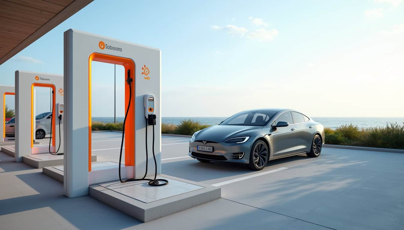 Borne de recharge rapide de type Bump installée sur le parking du Super U à Port-en-Bessin-Huppain