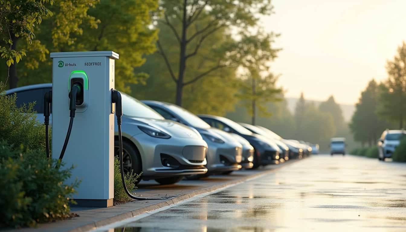 Borne de recharge rapide TotalEnergies sur l'aire d'Erbrée, avec plusieurs véhicules électriques en train de charger