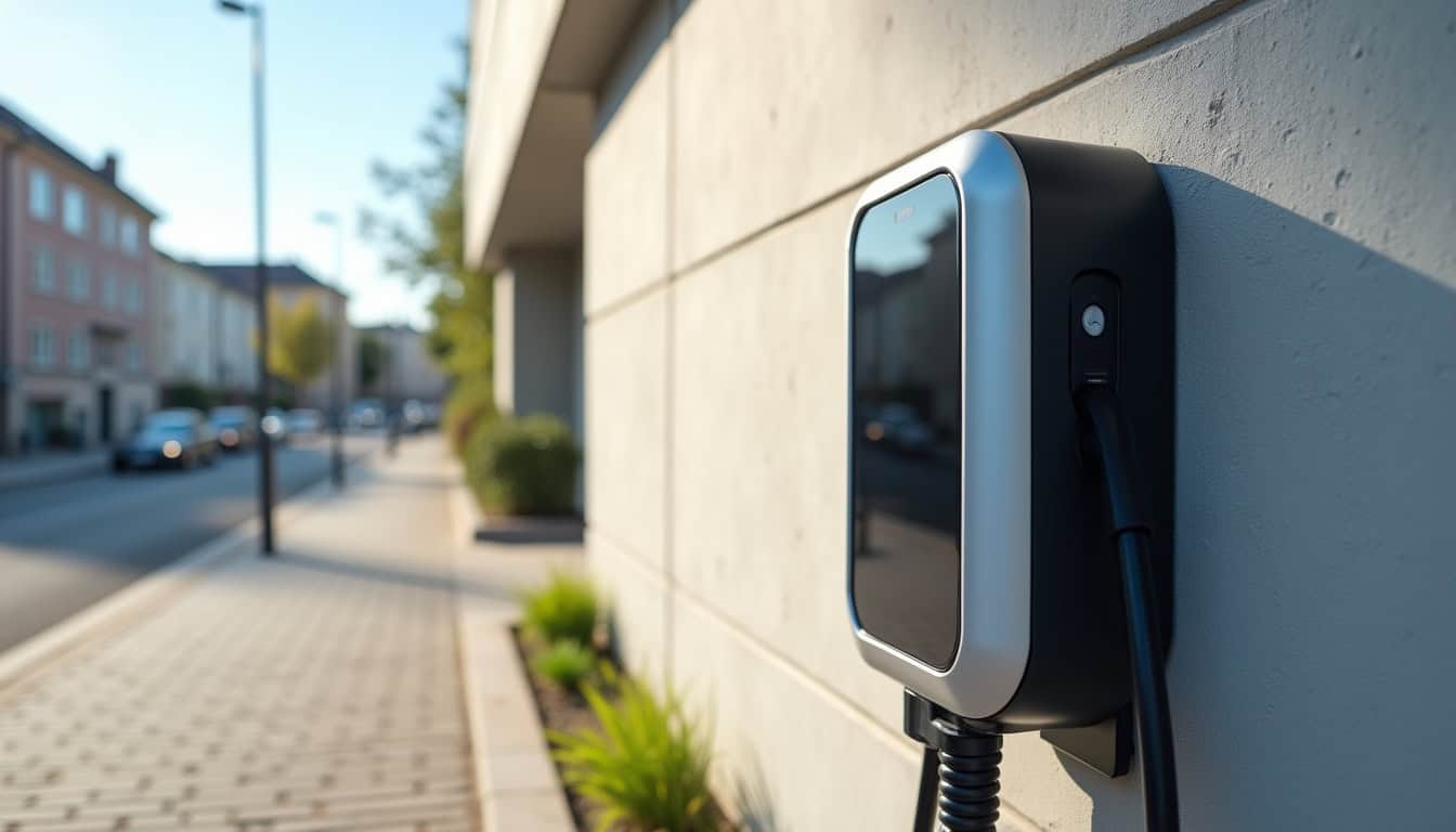 Borne de recharge située rue de la Gare à Longues, dans la commune de Vic-le-Comte