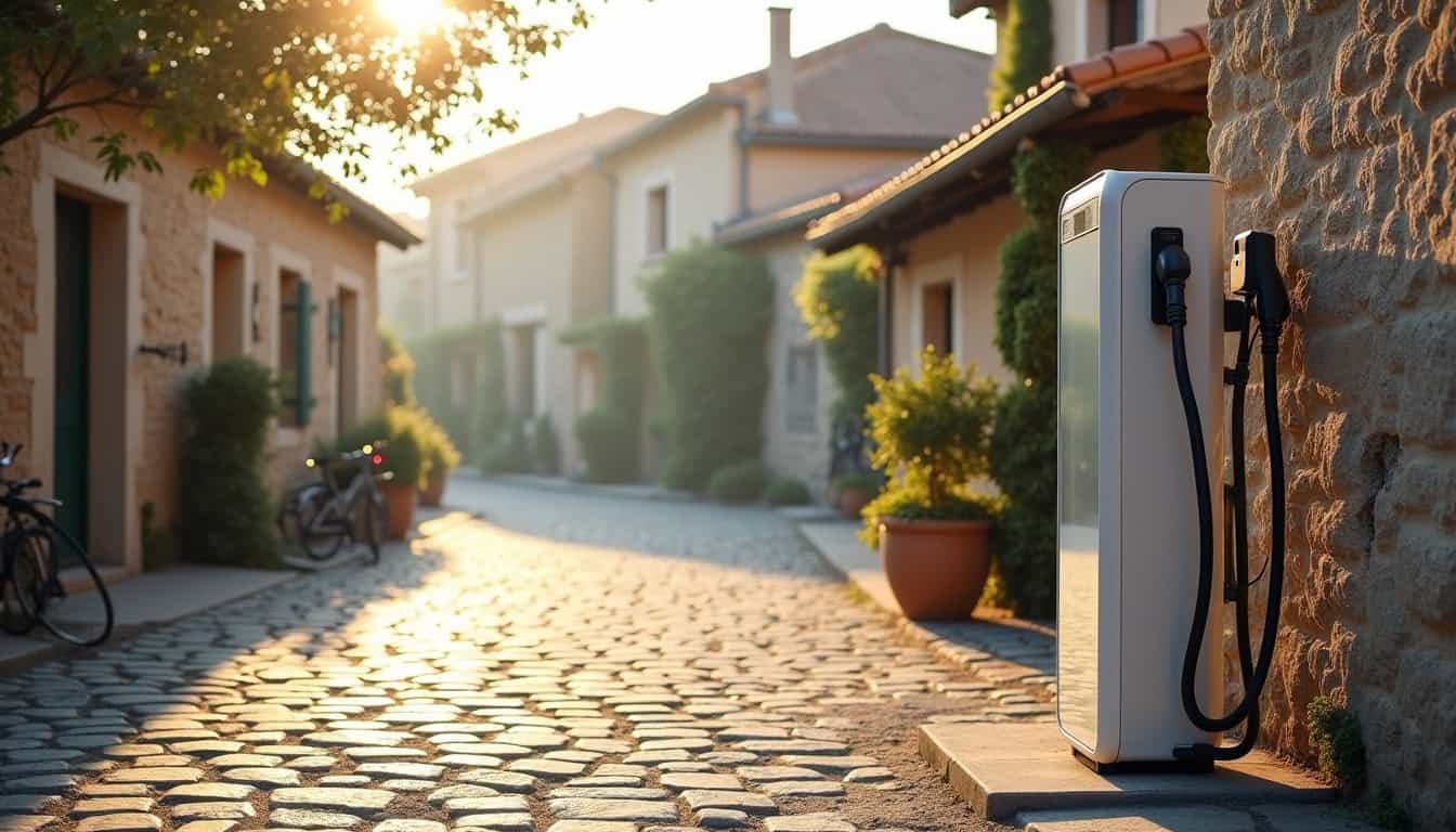 Borne de recharge Soregies Mobilités située sur la Place du 14 Juillet à Saint-Maurice-la-Clouère