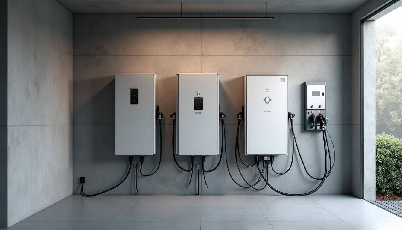 Borne de recharge triphasée installée dans un garage à Rully, connectée à un tableau électrique