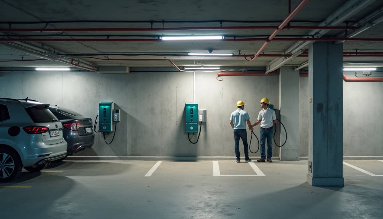 Borne de recharge triphasée installée dans un parking d'entreprise à Listrac-Médoc