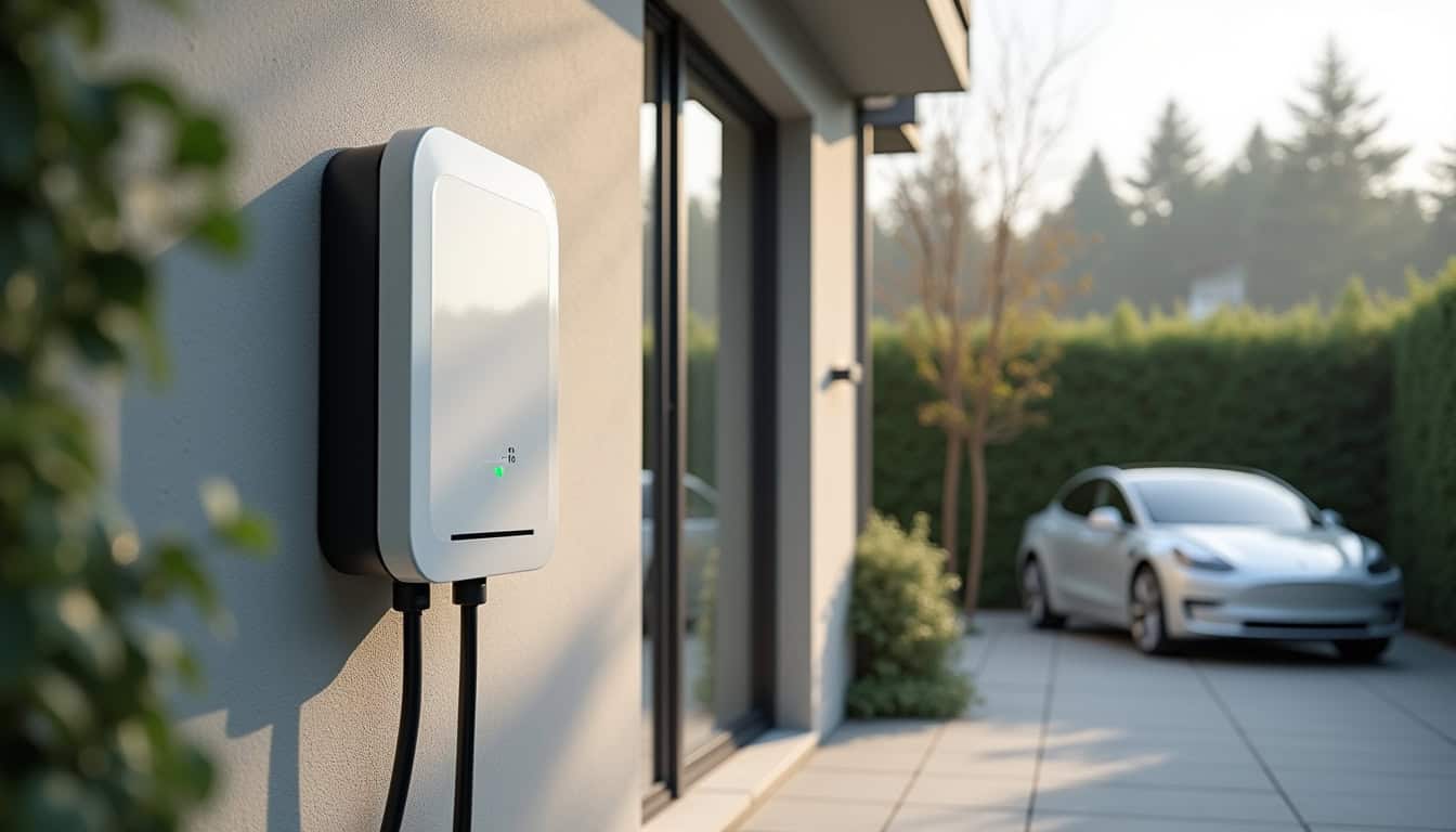 Borne de recharge wallbox installée sur un mur extérieur à La Mulatière