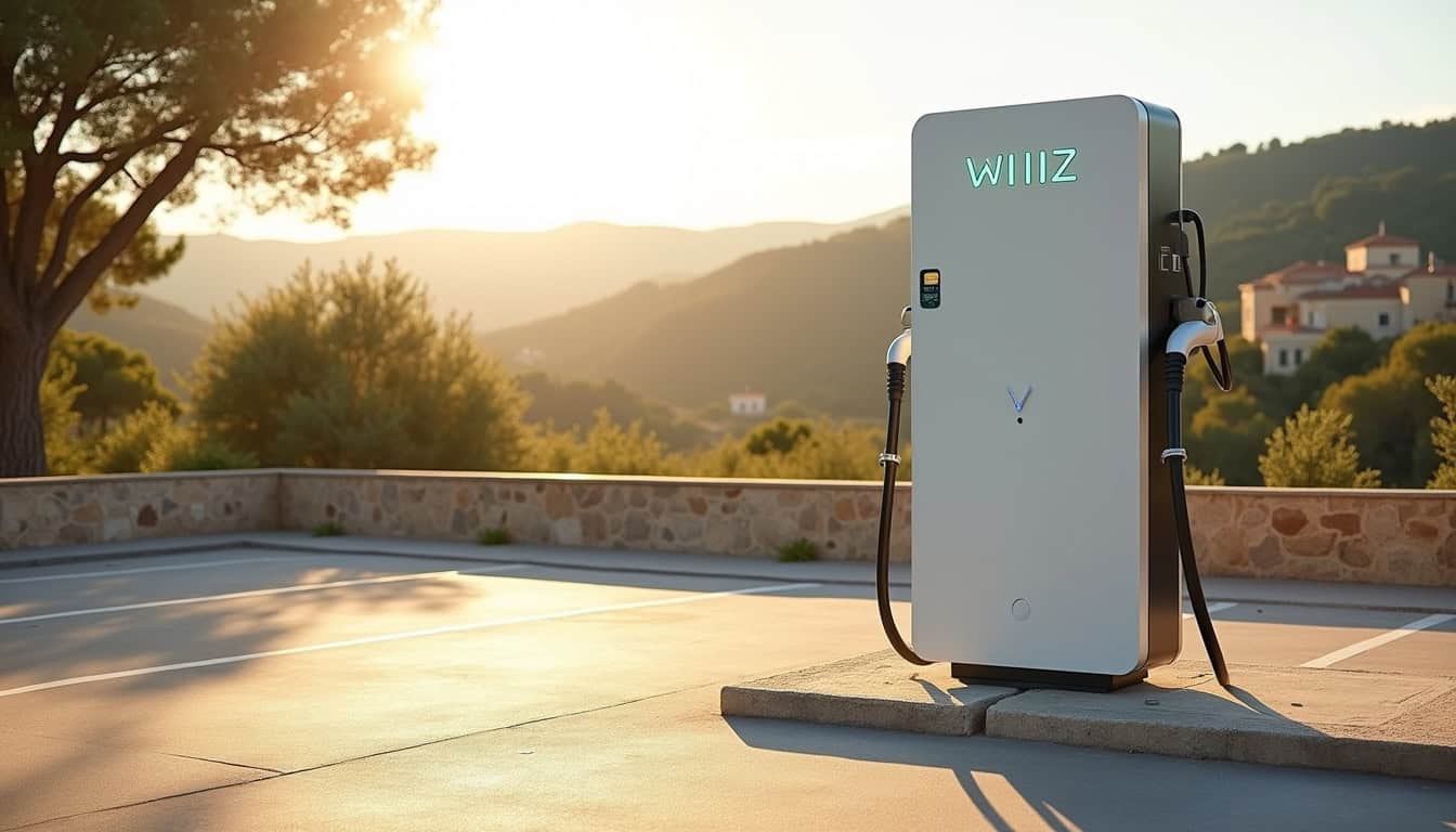Borne de recharge WIIIZ installée sur le parking public de Saint-Paul-de-Vence, route de Vence