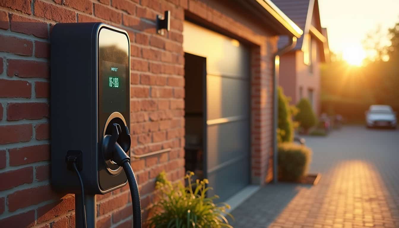 Borne électrique connectée installée devant une maison à Bailleul, avec affichage digital et câble de recharge