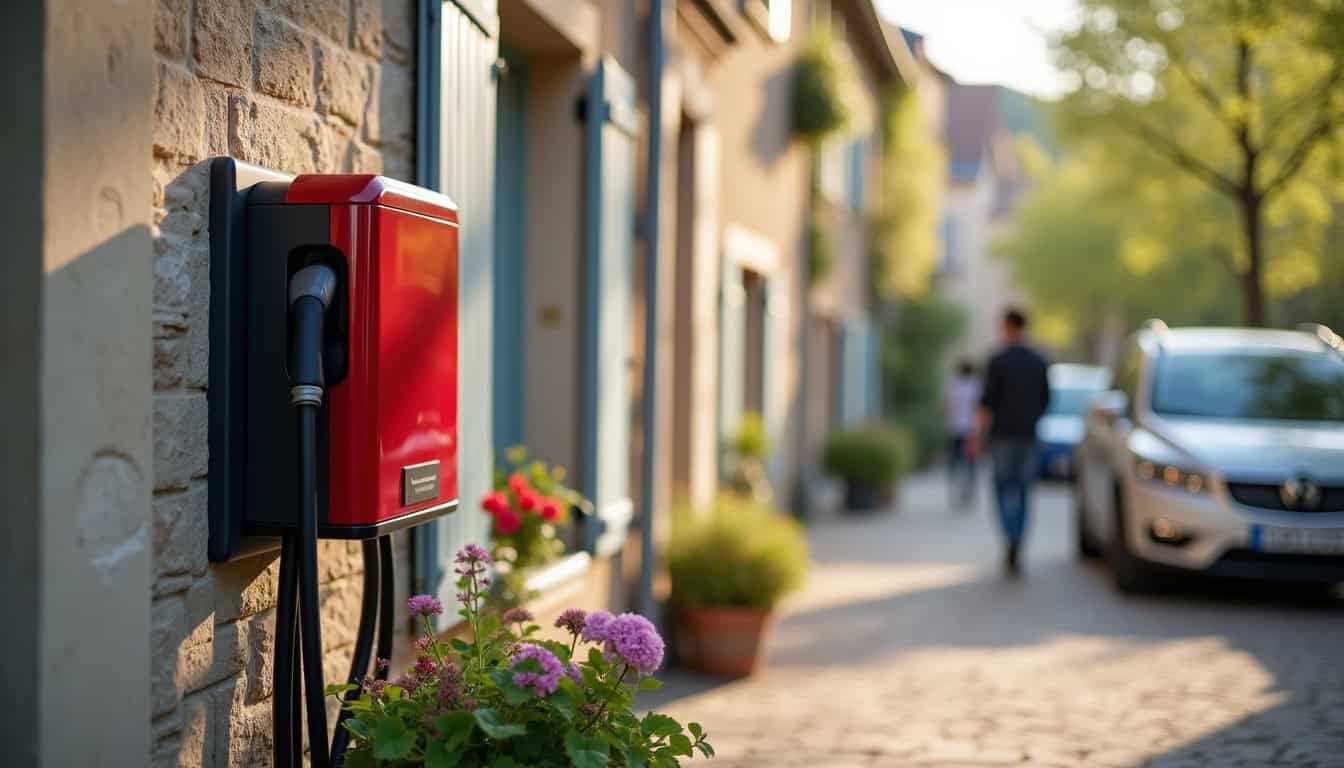 Borne électrique en cours d’installation sur un mur extérieur