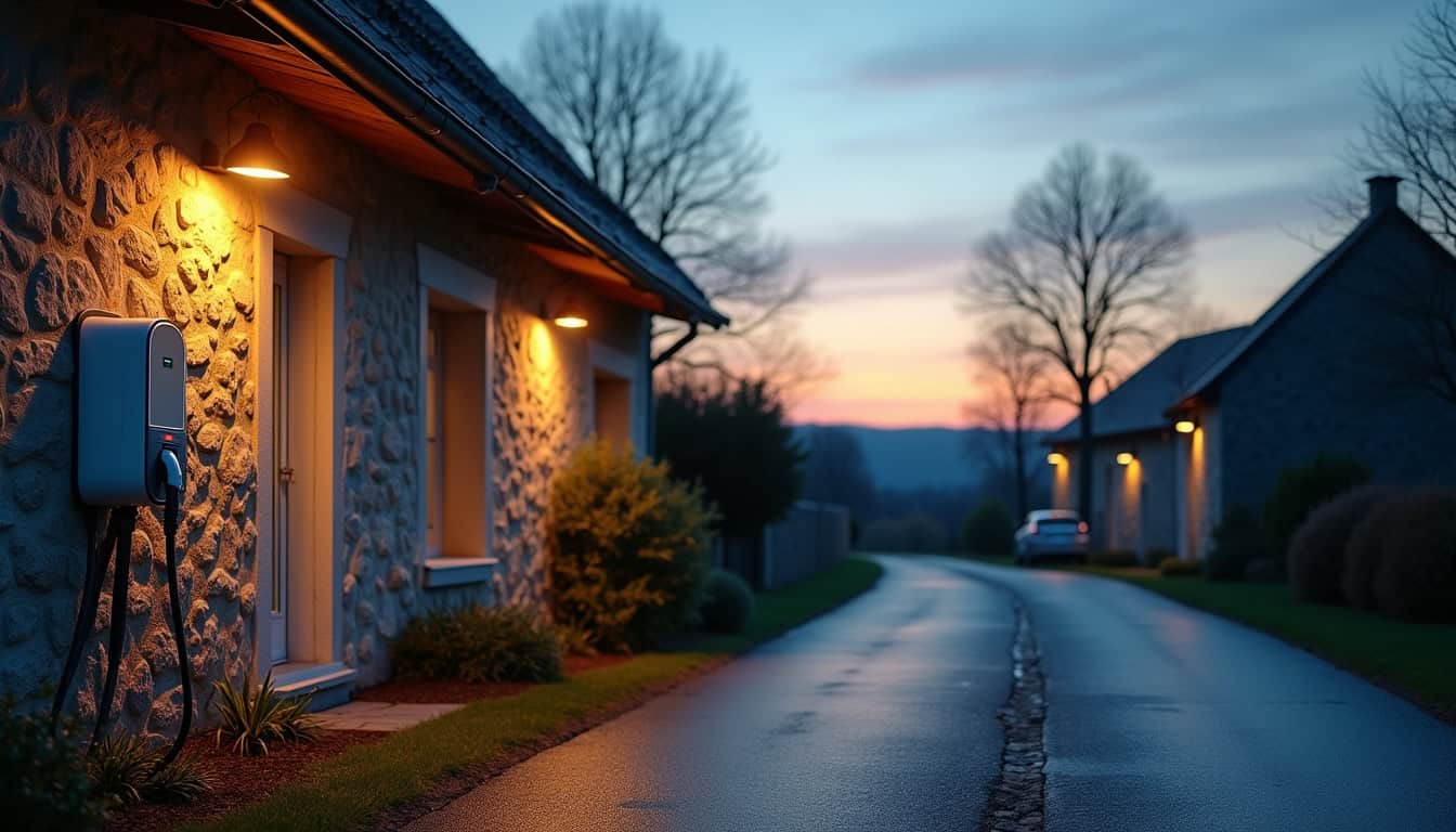 Borne électrique en fonctionnement le soir à Crouy-sur-Ourcq