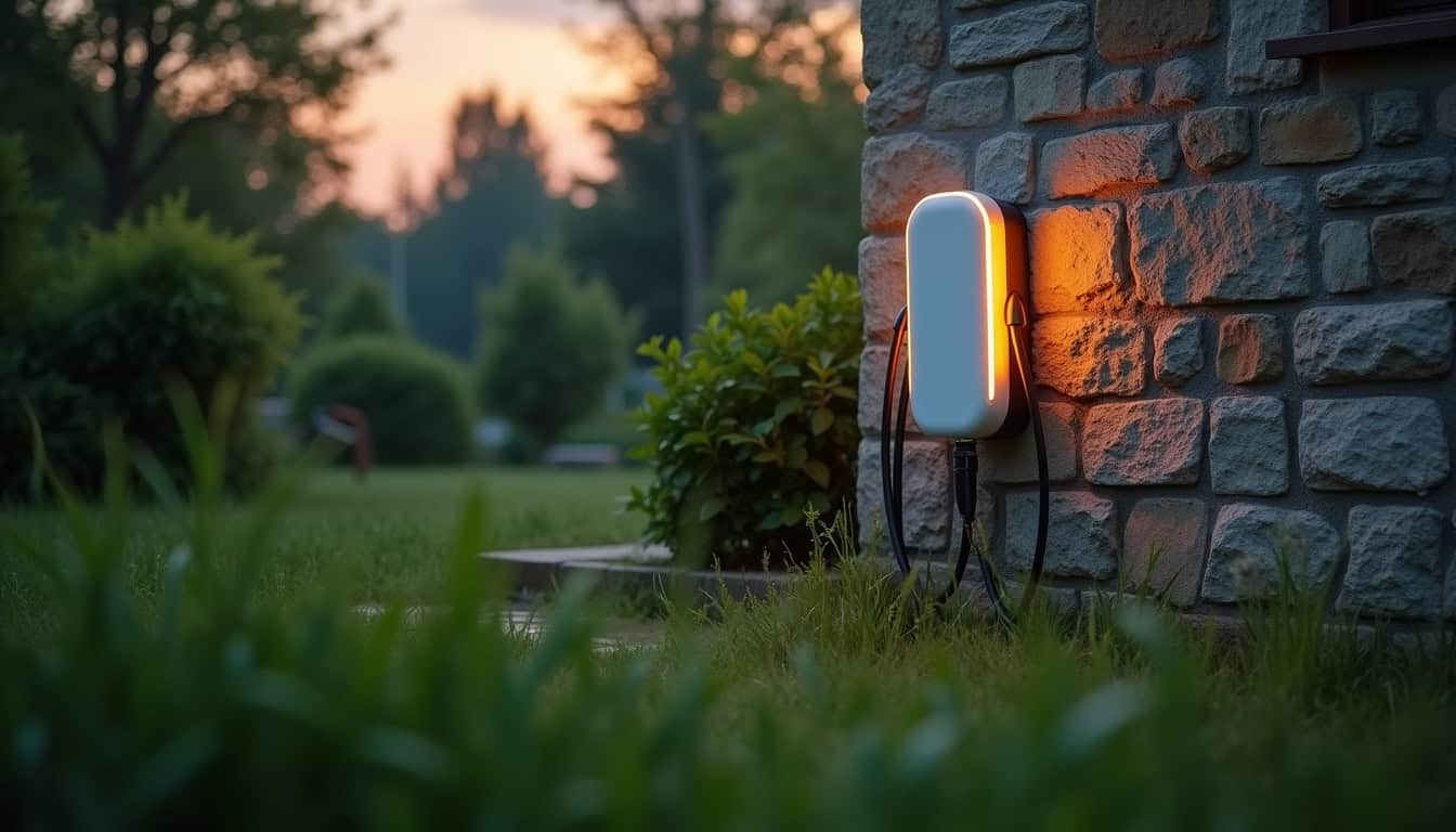 Borne électrique en fonctionnement le soir dans un jardin à Saint-Lyé-la-Forêt