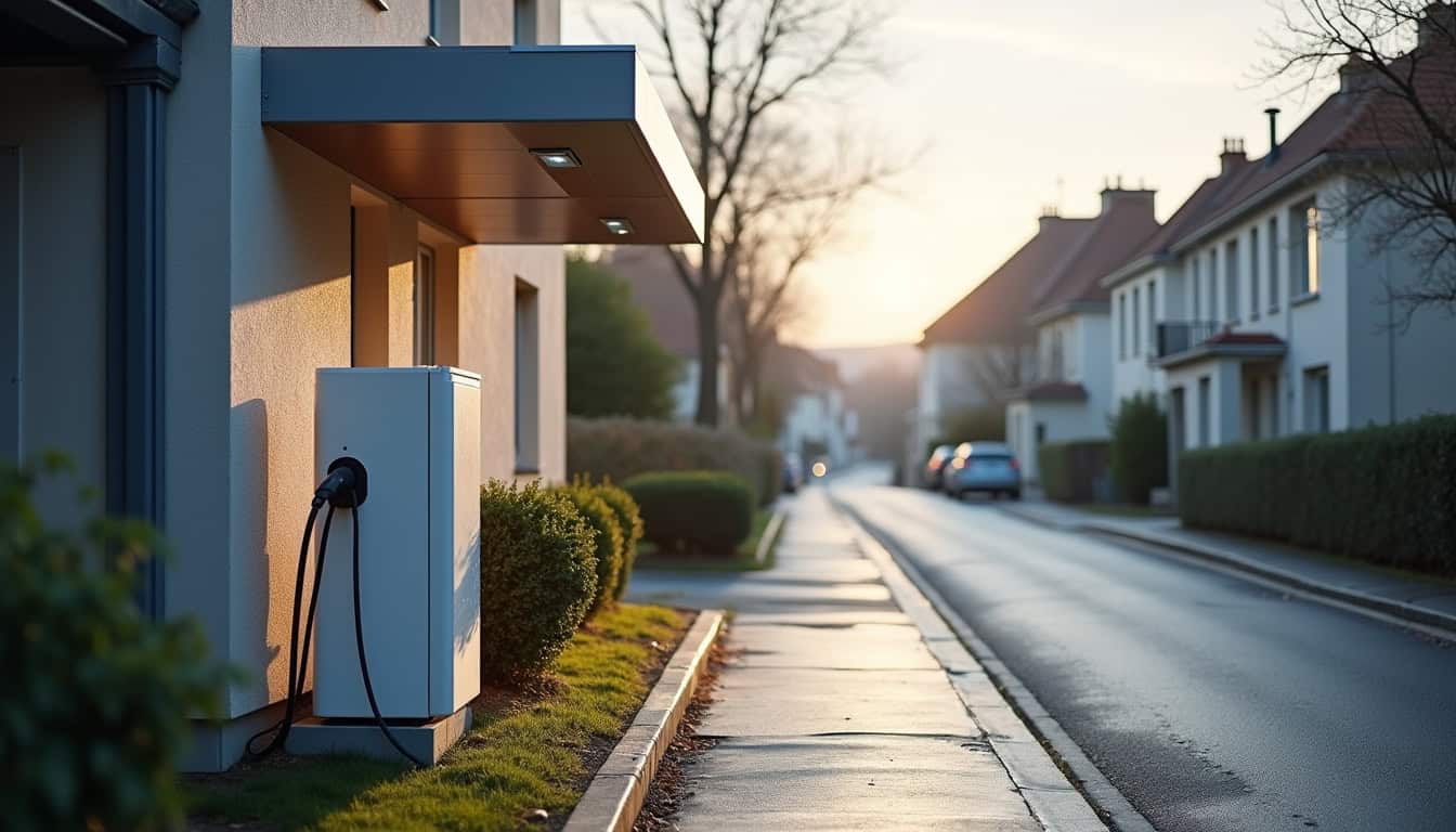 Borne électrique installée à l'extérieur d'une maison à Harfleur, sous un abri