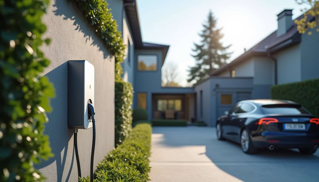 Borne électrique installée à l'extérieur d'une maison à Mussig, en journée, dans un environnement résidentiel