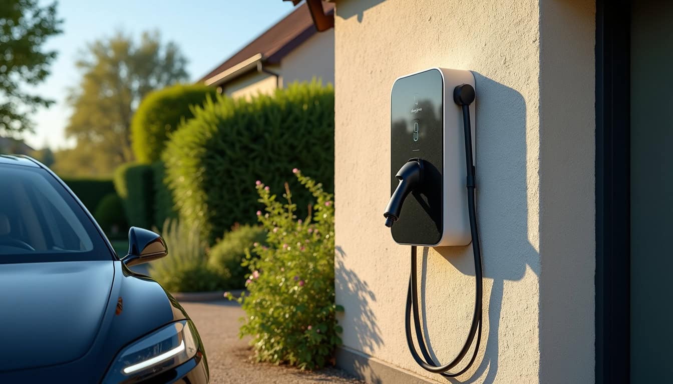 Borne électrique installée à l'extérieur d'une maison à Pléchâtel