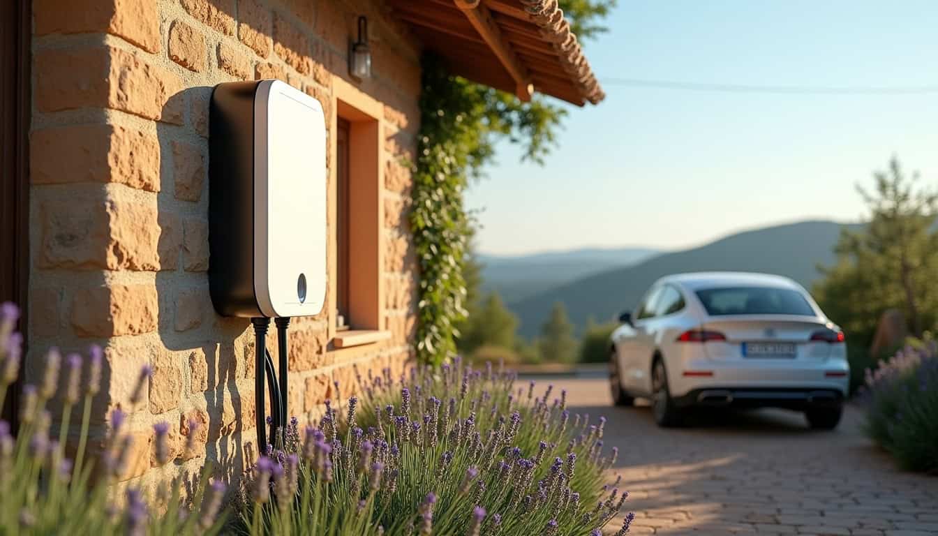 Borne électrique installée à l'extérieur d'une maison à Saint-Hippolyte-du-Fort