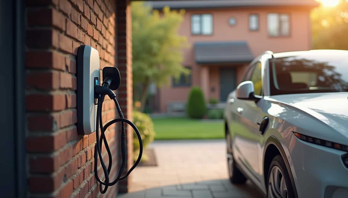 Borne électrique installée dans un garage ou en extérieur, prête à recharger un véhicule électrique