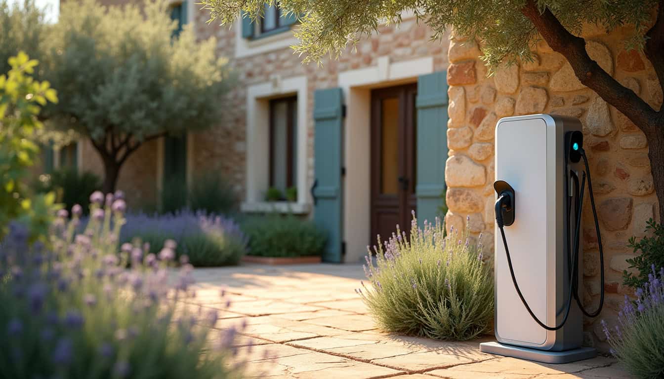 Borne électrique installée dans un jardin à Tavel, en milieu urbain provençal