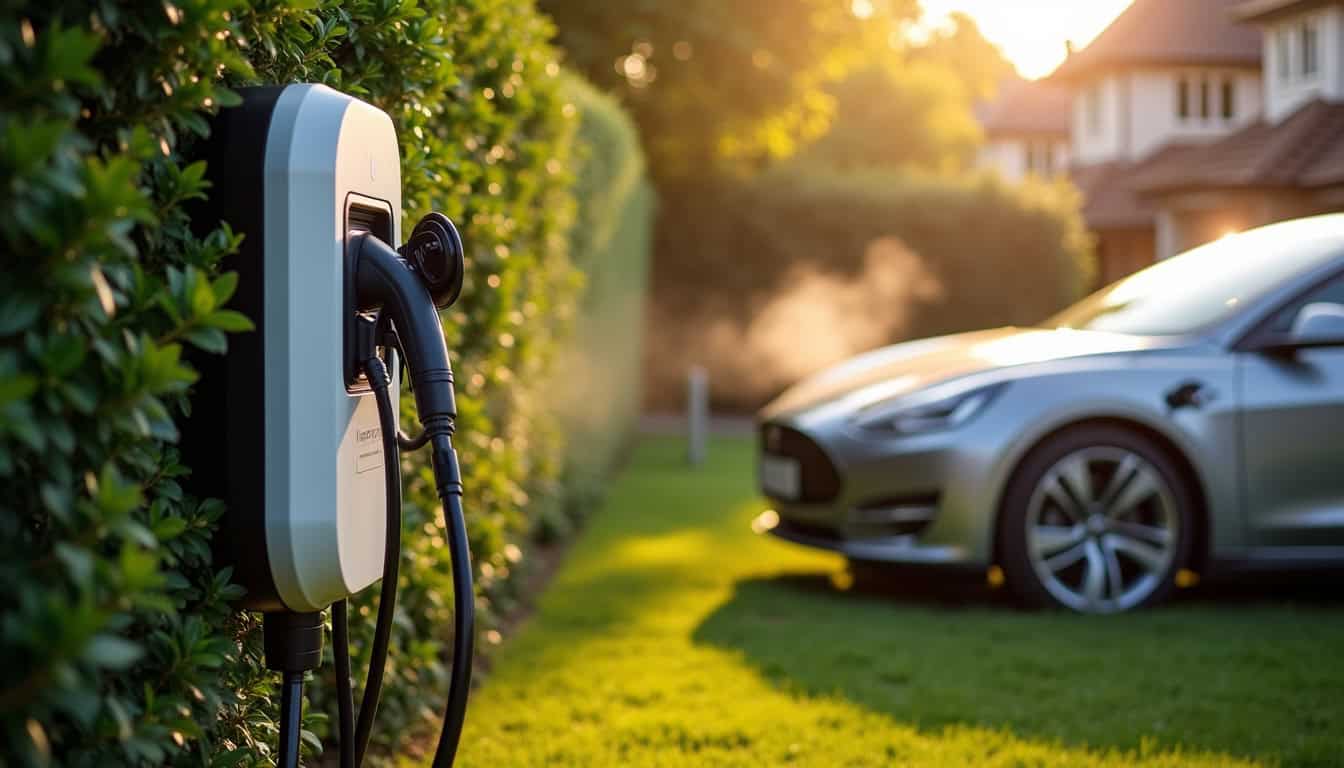 Borne électrique installée dans un jardin devant un véhicule électrique