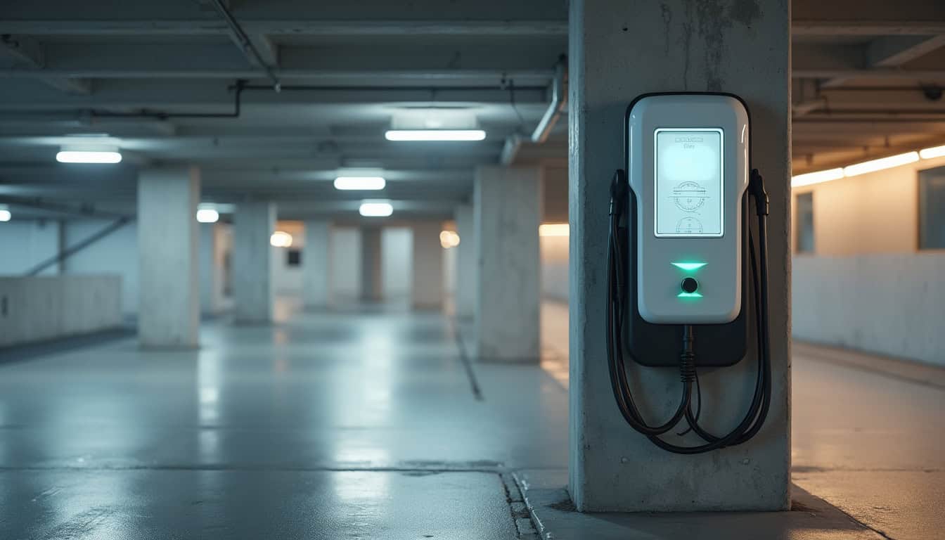 Borne électrique installée dans une place de parking en copropriété à Corbonod