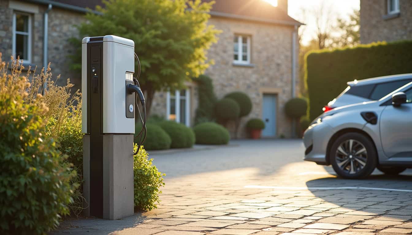 Borne électrique installée près d'une place de stationnement en extérieur à Saint-Pierre-du-Regard