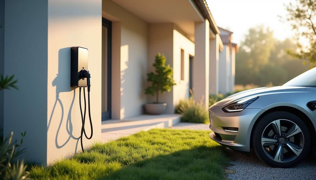 Borne électrique installée sur le mur d'une maison à Méounes-lès-Montrieux le matin