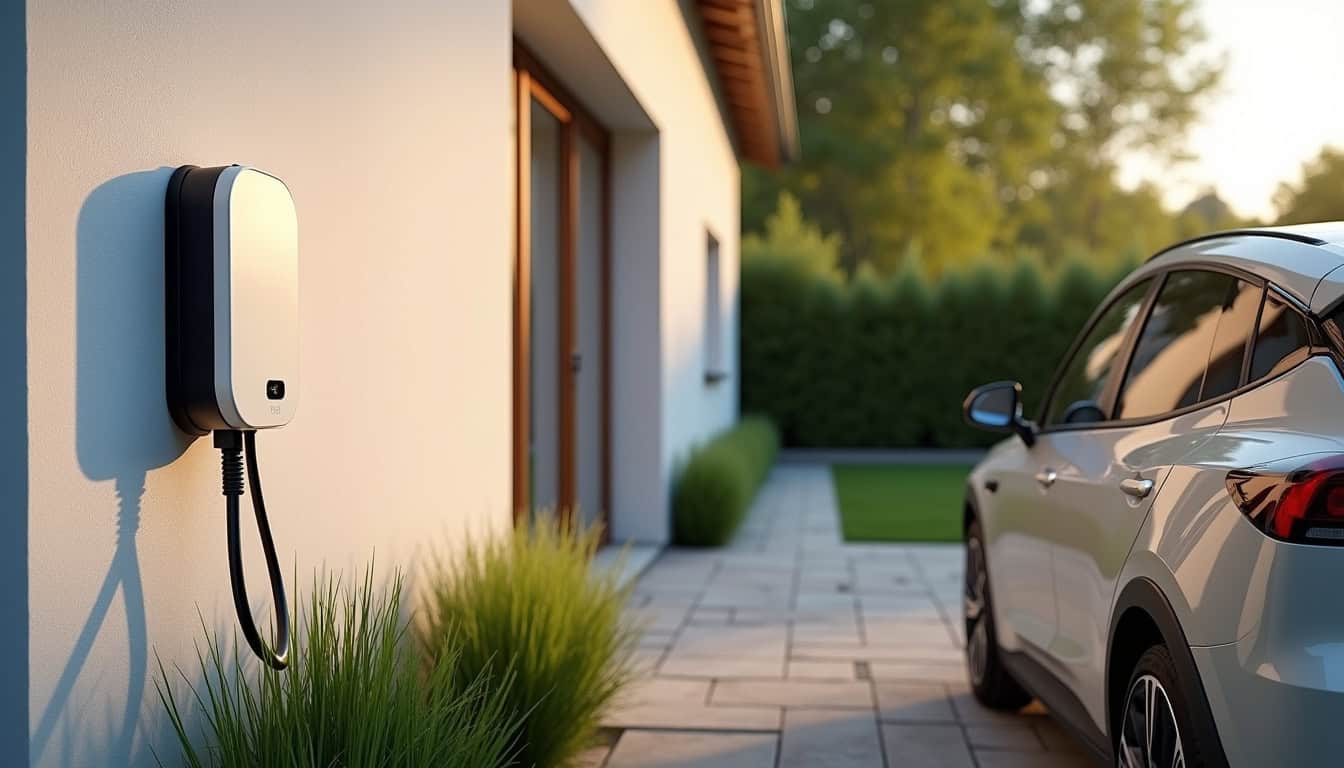 Borne électrique murale installée à l'extérieur d'une maison à Sèvremoine