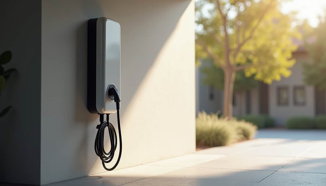 Borne électrique murale installée dans un garage à Ennery, vue rapprochée de l'appareil et du câble de recharge