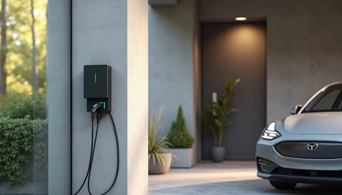Borne électrique murale installée dans un garage à Piolenc, raccordée à une voiture électrique en charge