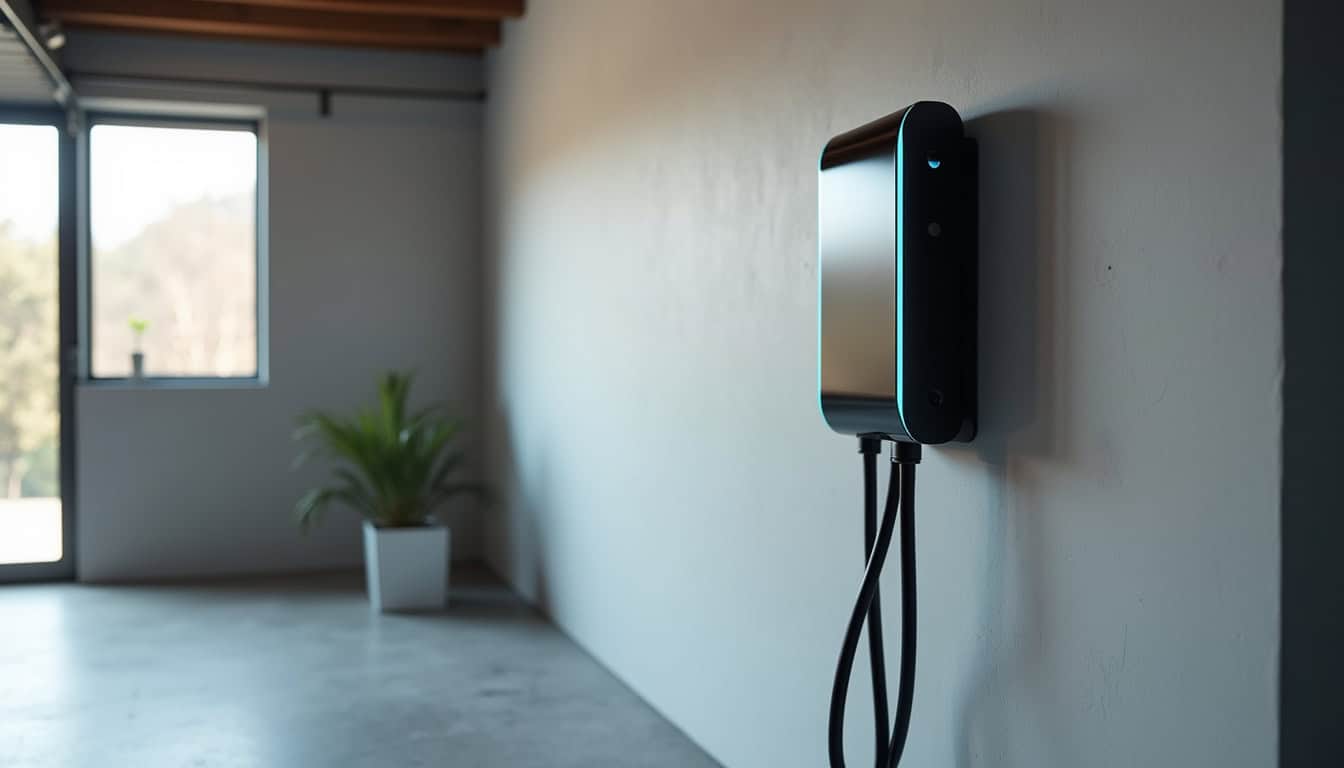 Borne électrique murale installée dans un garage à Saint-Étienne-de-Fontbellon, illustrant une installation intérieure sécurisée