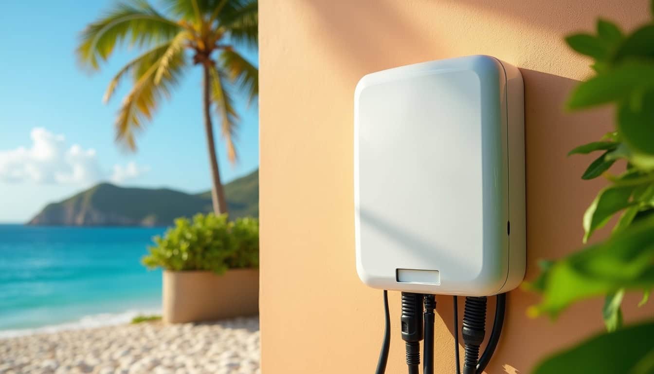 Borne électrique murale installée sur un mur extérieur à Anse-Bertrand