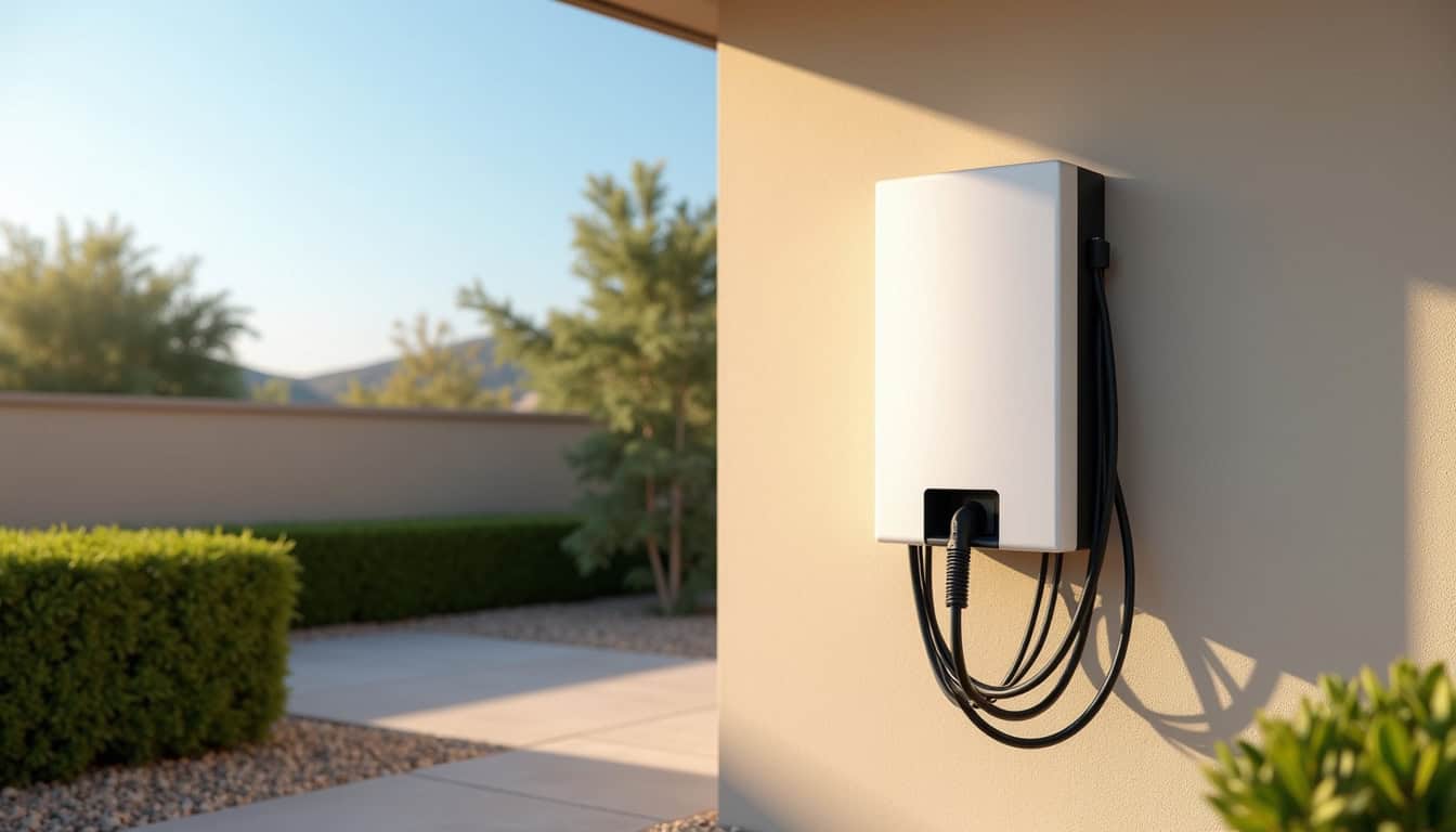 Borne électrique murale installée sur un mur extérieur en résidence privée