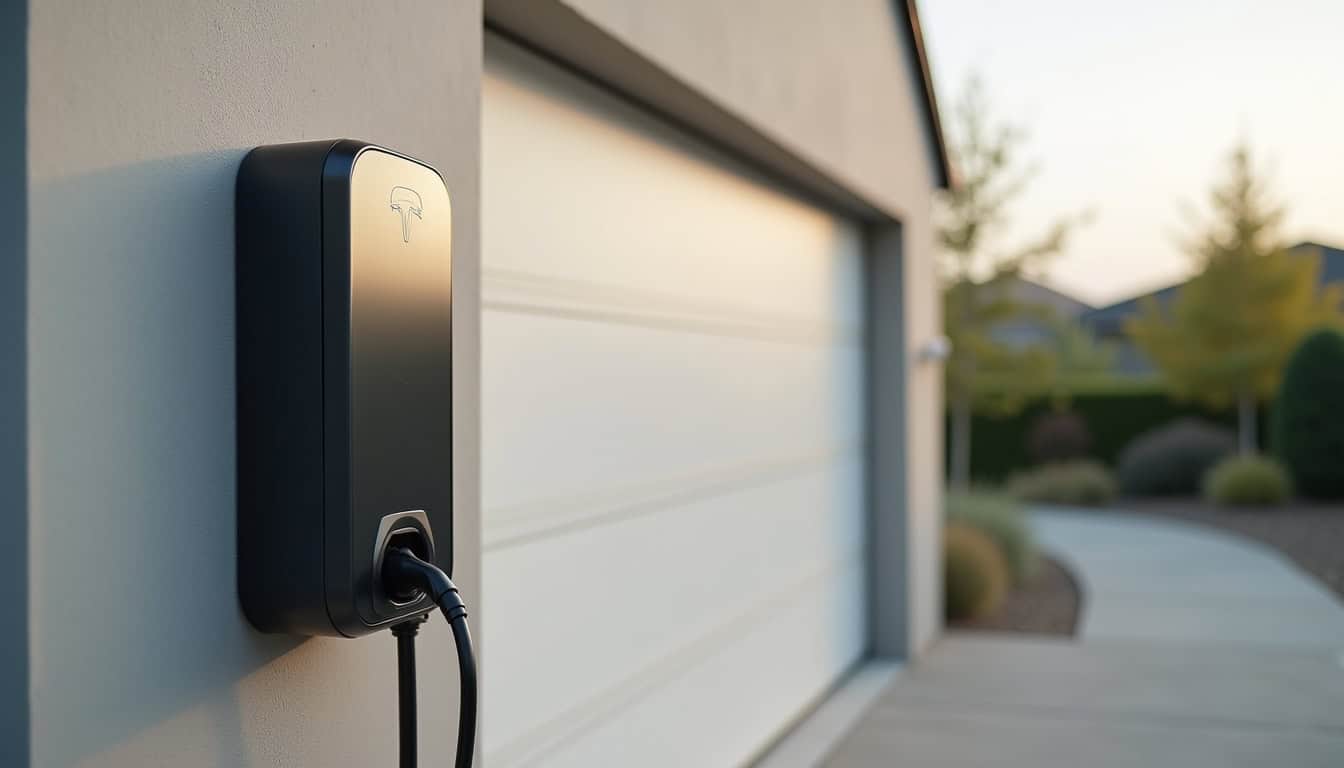 Borne électrique murale installée sur un mur extérieur près d'un garage à Porcheville