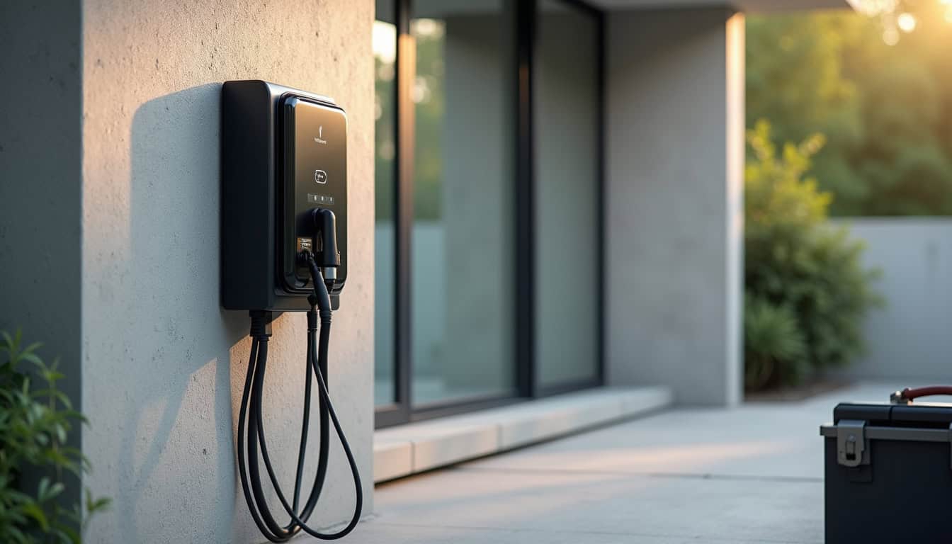 Borne électrique récemment installée dans un garage à Moret-Loing-et-Orvanne