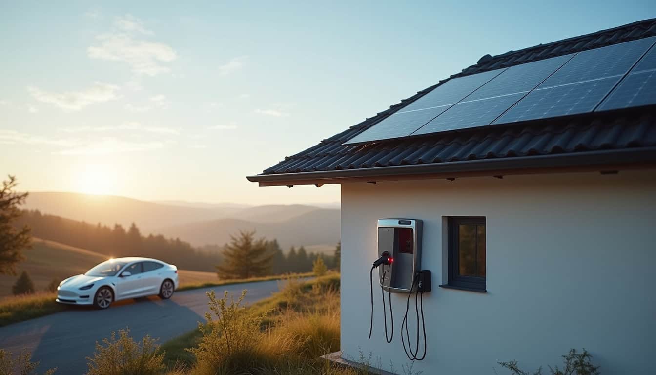 Borne électrique reliée à un système de panneaux solaires sur une maison individuelle
