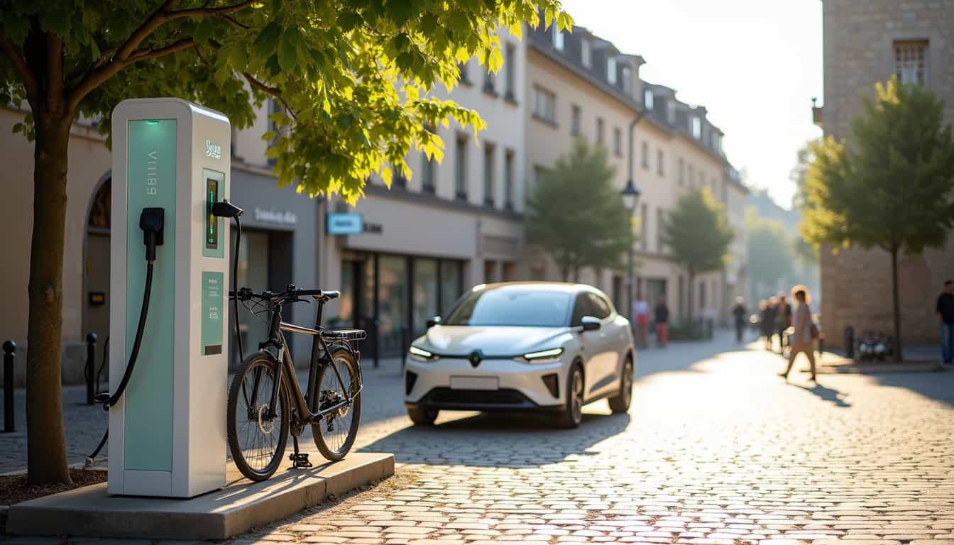 Borne Sydego pour voitures et vélos électriques située sur la place du marché à Saint-Père-en-Retz