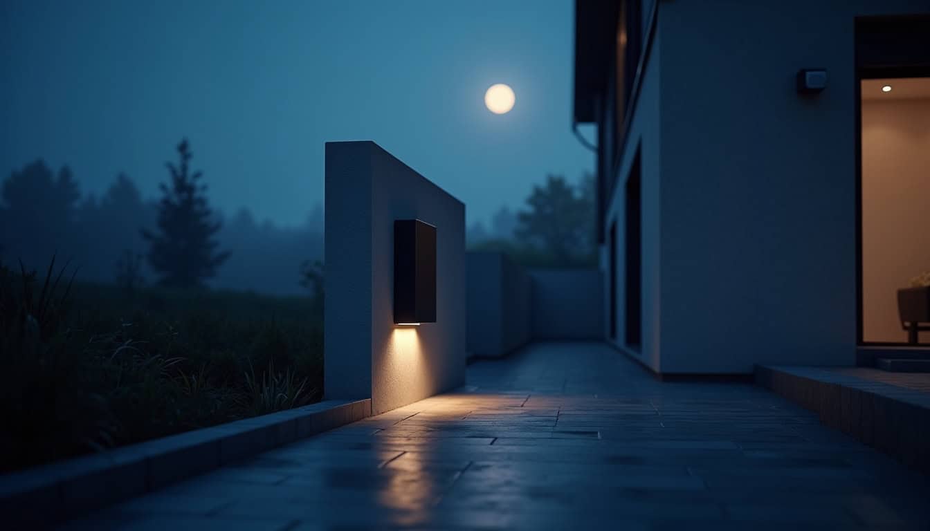 Borne wallbox installée à l'extérieur d'une maison à Mussig, la nuit, avec éclairage intégré allumé
