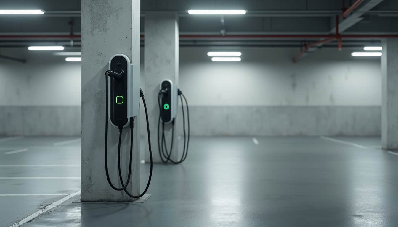 Bornes de recharge installées dans un parking d