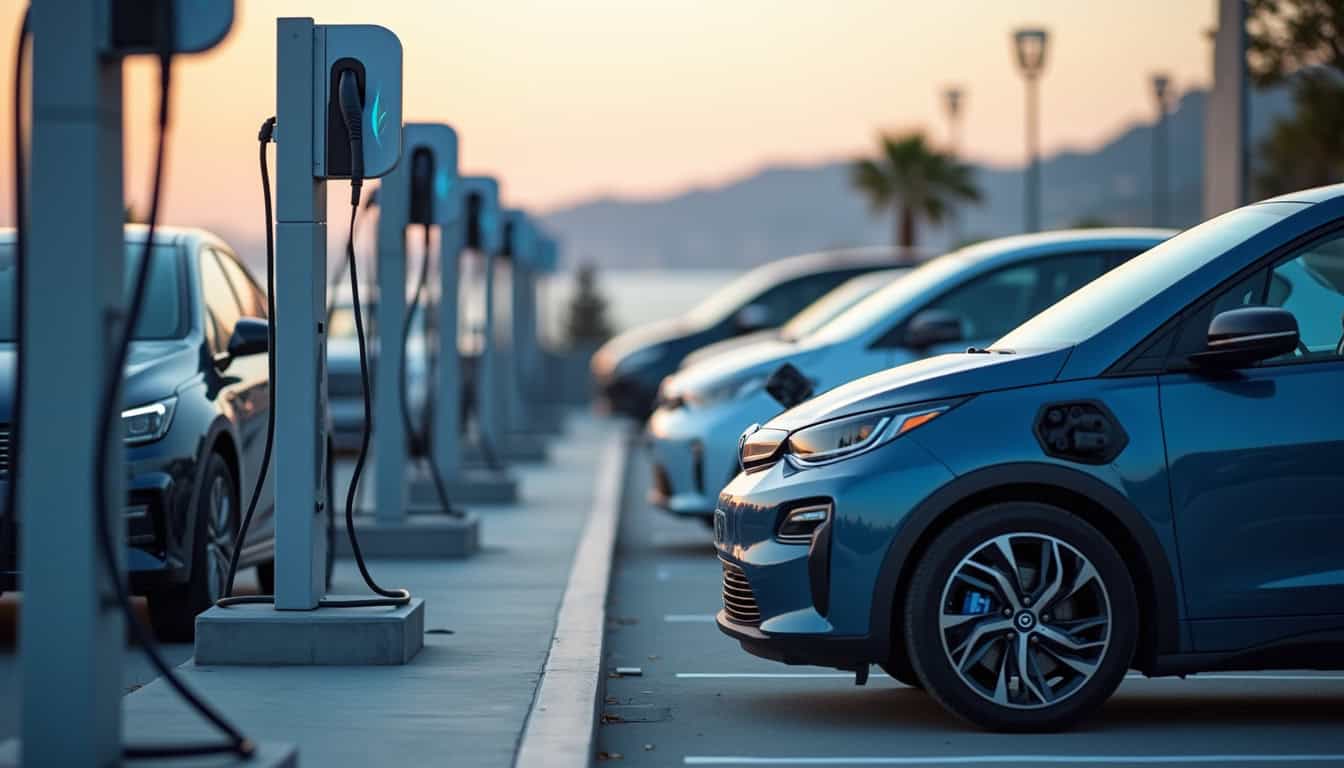 Bornes de recharge installées dans un parking d'entreprise à Toulon, avec plusieurs véhicules électriques en charge