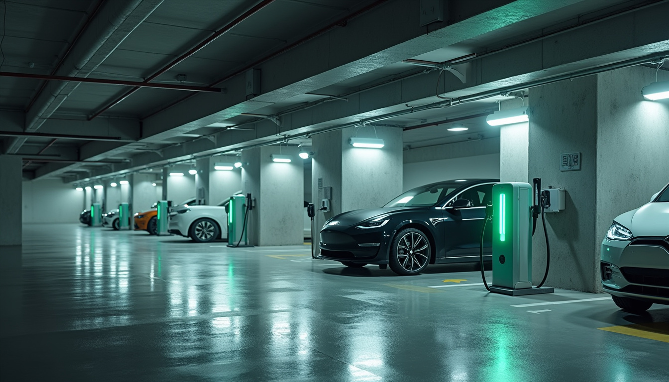 Bornes de recharge installées dans un parking souterrain d