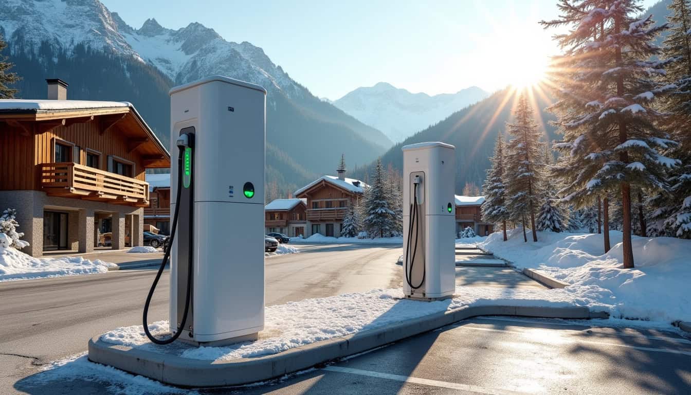 Bornes de recharge publiques installées à Arâches-la-Frasse, visibles sur un parking communal en milieu montagneux