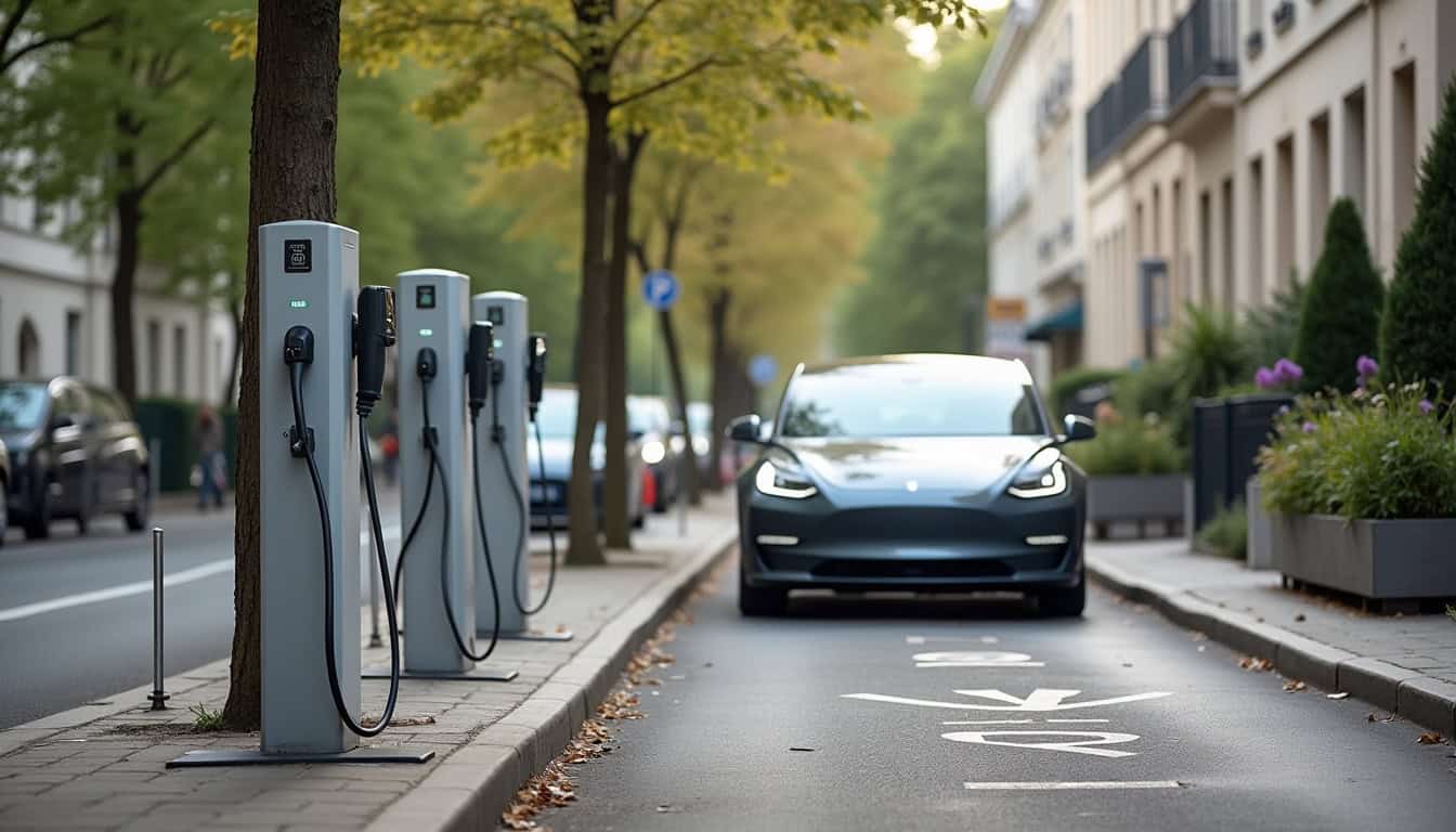 Bornes de recharge publiques installées en bord de rue à Montrouge, avec véhicules électriques stationnés