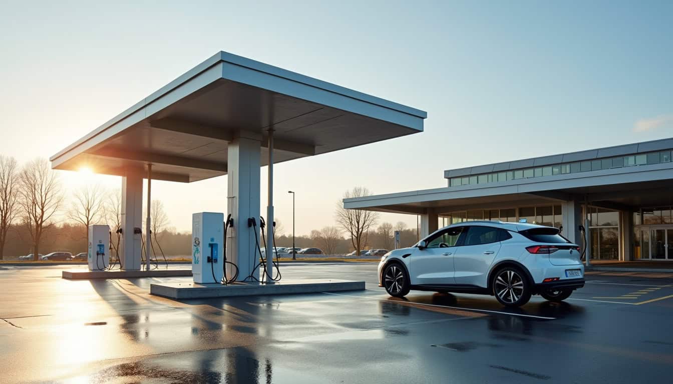 Bornes de recharge publiques installées sur le parking d’un supermarché à Saint-Berthevin