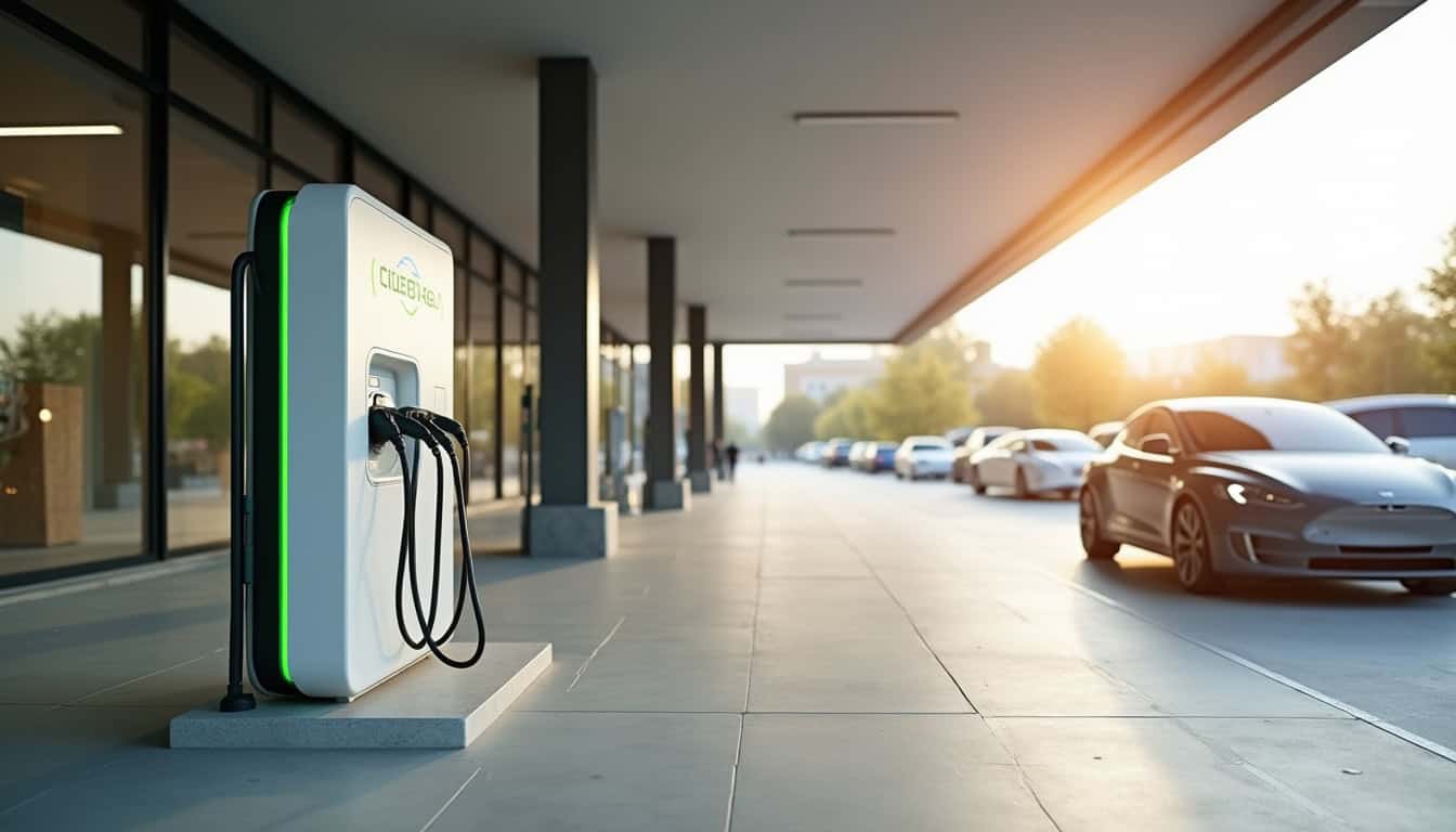 Bornes de recharge publiques installées sur un parking de centre commercial à Saint-Max