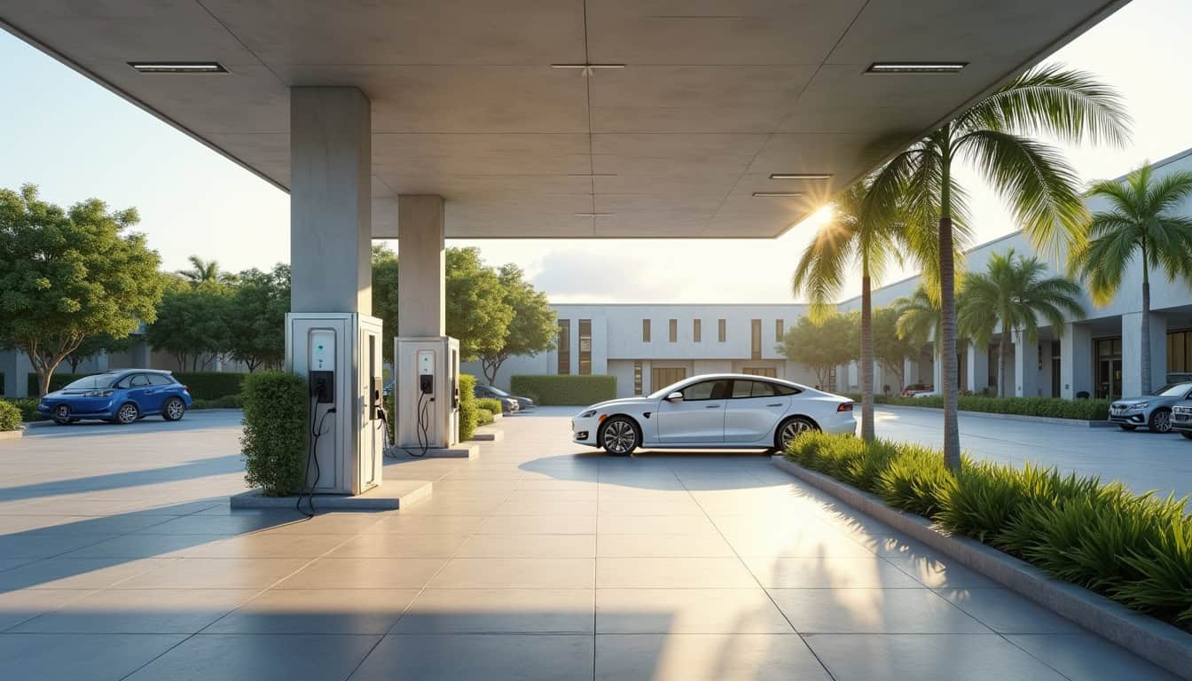 Bornes de recharge publiques installées sur un parking municipal à Sainte-Anne