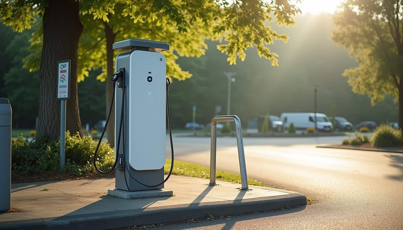 Bornes de recharge publiques situées à l'entrée d'un parking à Penne-d'Agénais