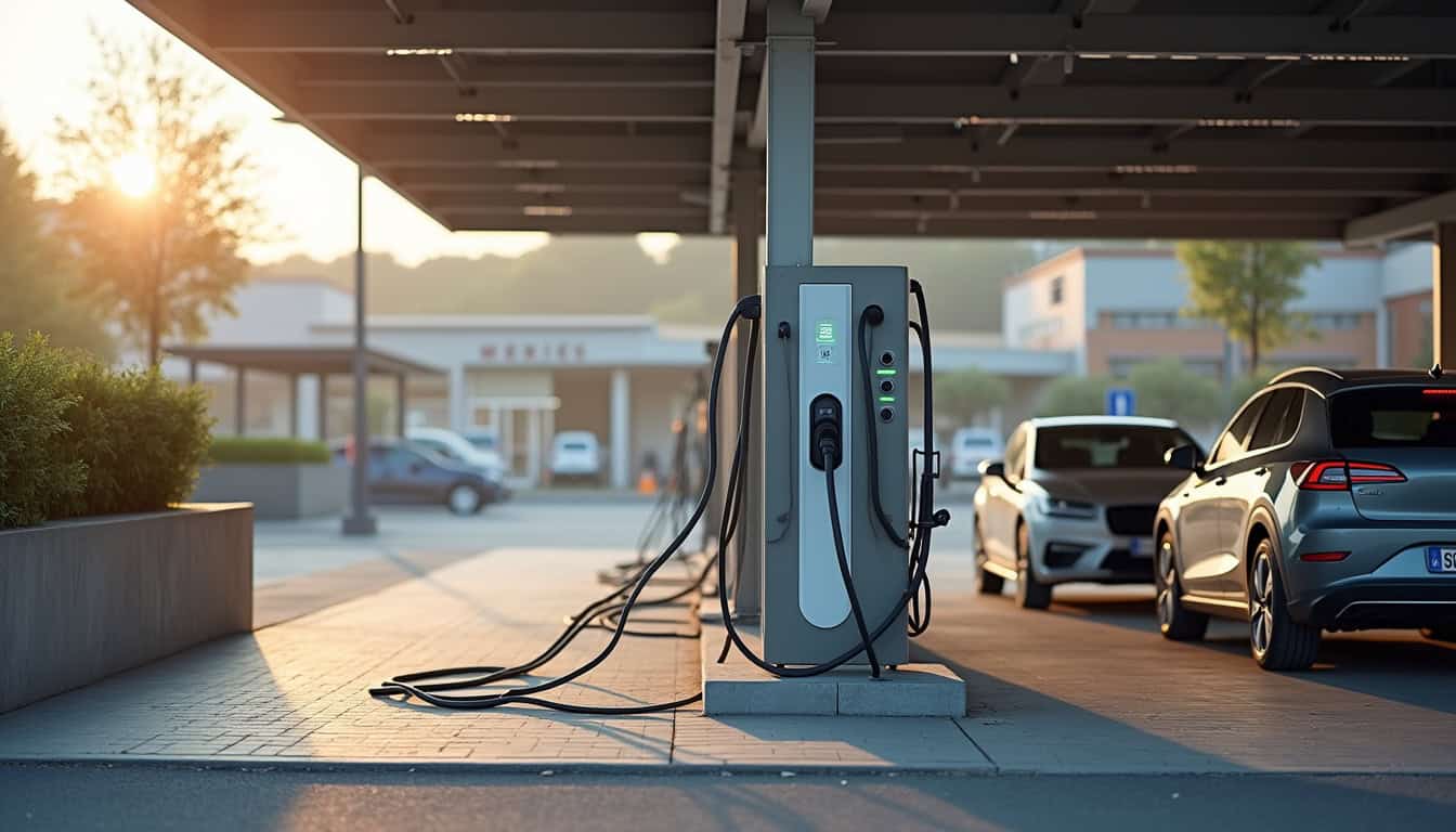 Bornes de recharge publiques situées à Salles-sur-Mer, visibles sur un parking commercial près d'un Intermarché