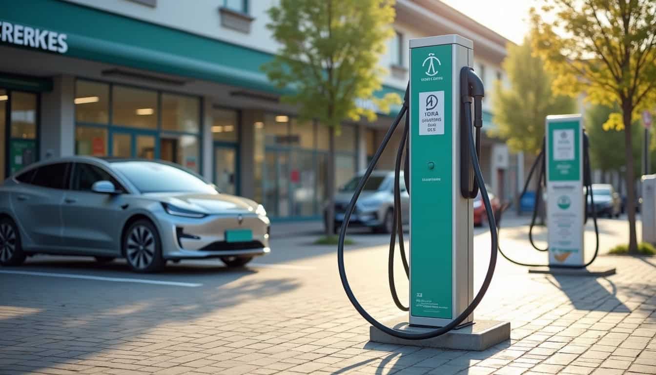 Bornes de recharge publiques situées à Tonnerre, près d’un supermarché et d’une zone commerciale
