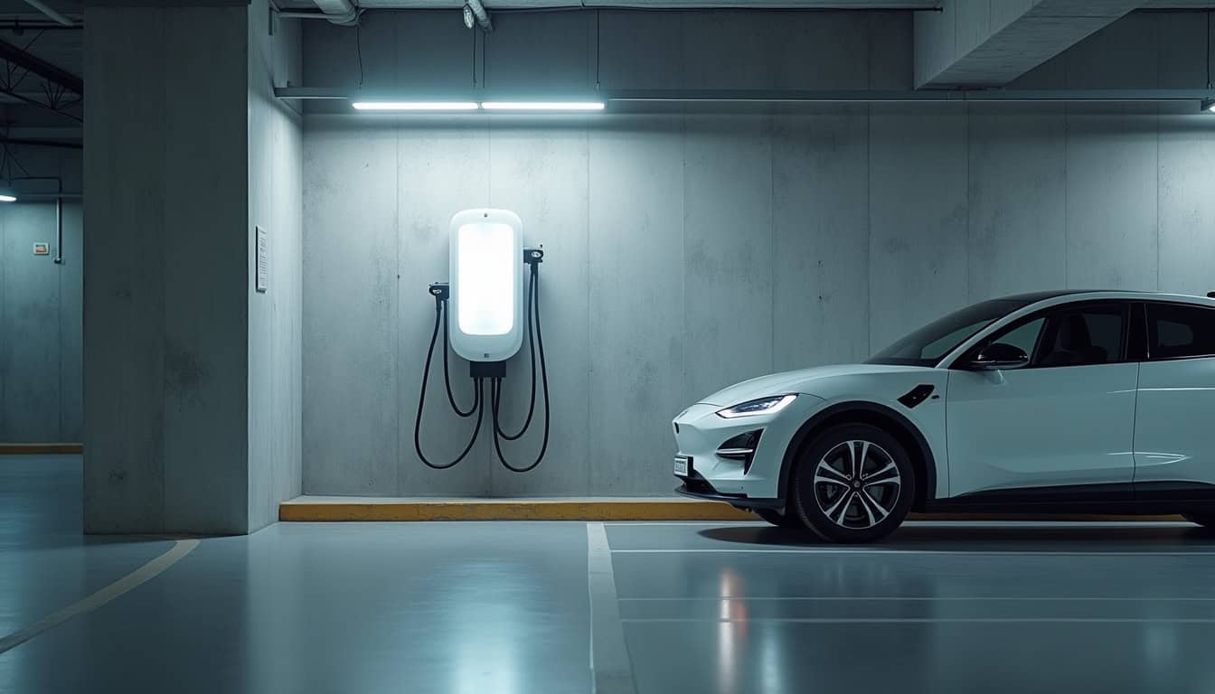 Bornes électriques installées dans un parking professionnel à Aurseulles