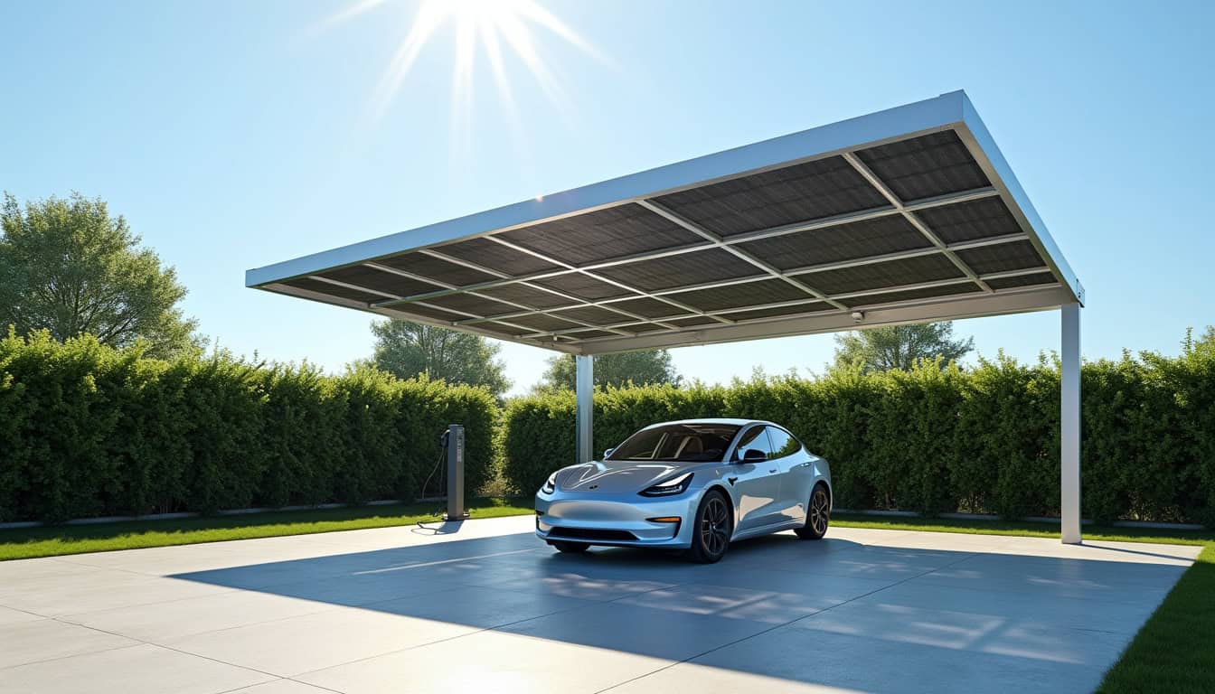 Carport solaire équipé de panneaux photovoltaïques et d