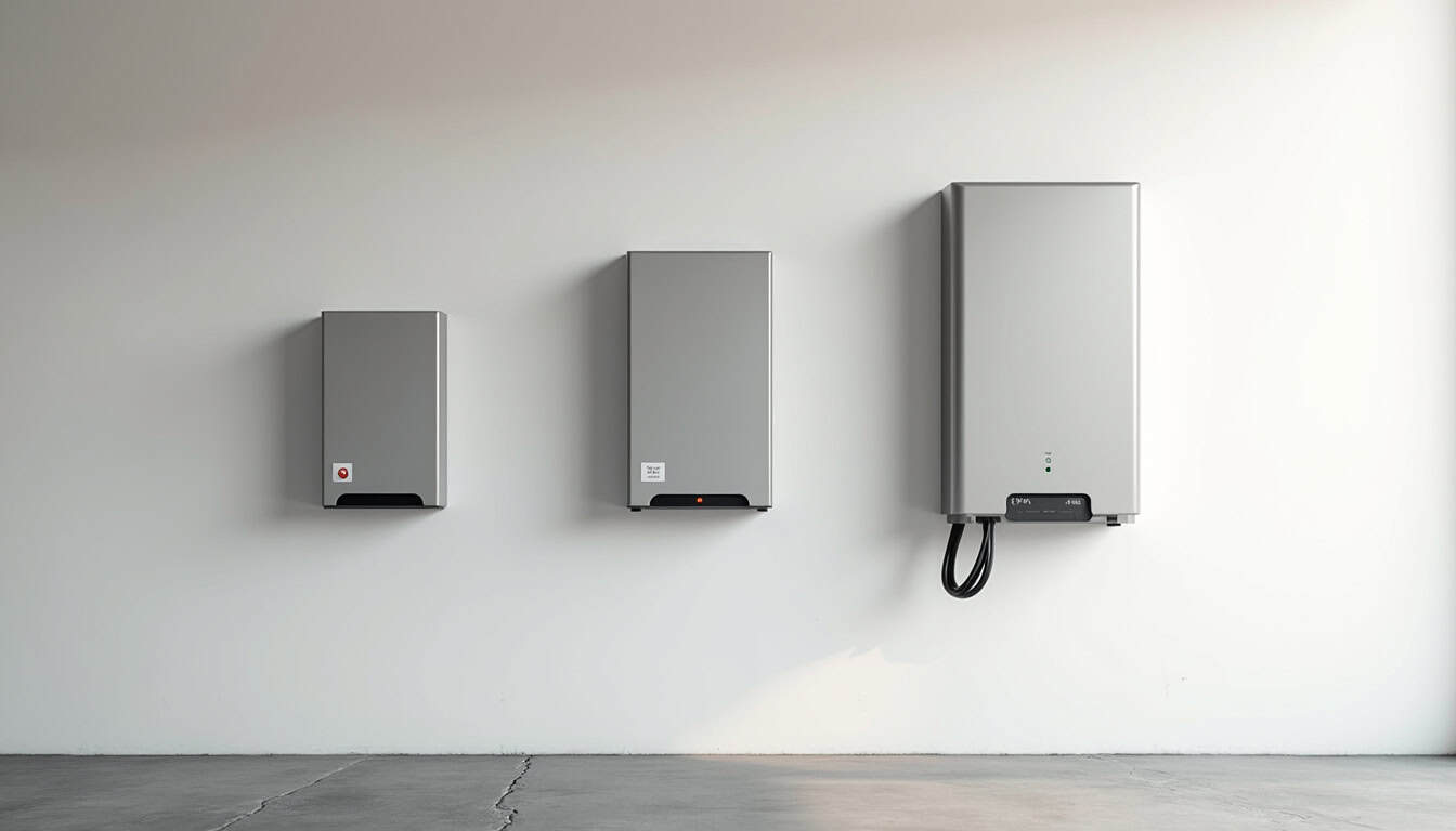 Comparaison visuelle des différents types de bornes de recharge électrique: murale 7,4 kW, borne 11 kW, borne 22 kW