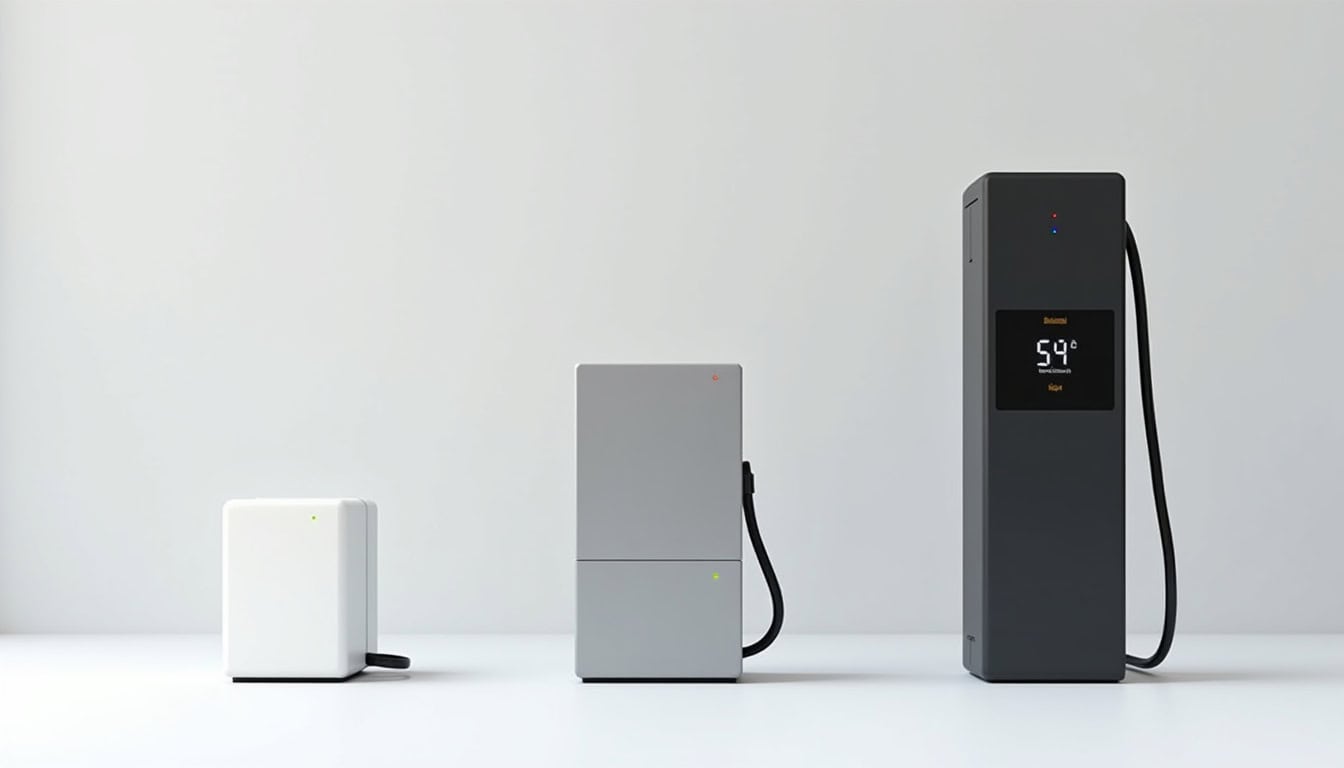 Comparaison visuelle des différents types de bornes de recharge électrique: normale, accélérée et rapide