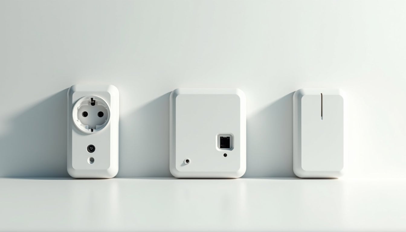 Comparaison visuelle des différents types de bornes de recharge électrique: prise renforcée, wallbox monophasée et triphasée