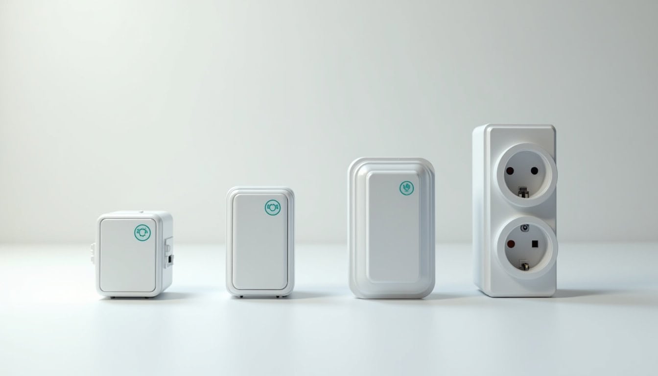 Comparaison visuelle des différents types de bornes de recharge électrique: wallbox 7,4 kW, 11 kW, 22 kW et prise renforcée